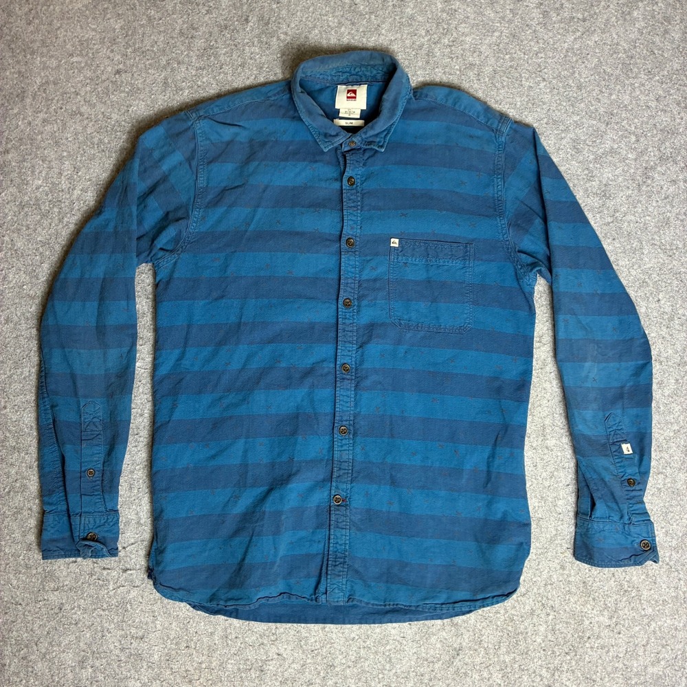 Quiksilver Shirt Mens Medium Blue Excellent Striped Slim Fit Long Sleeve Cotton